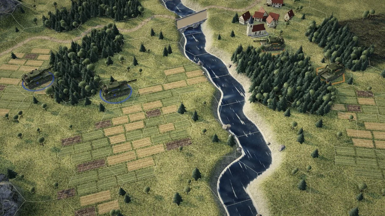 Project HEXA: visual prototype scene with a hexagonal board, vehicles, forest, a river and a village.